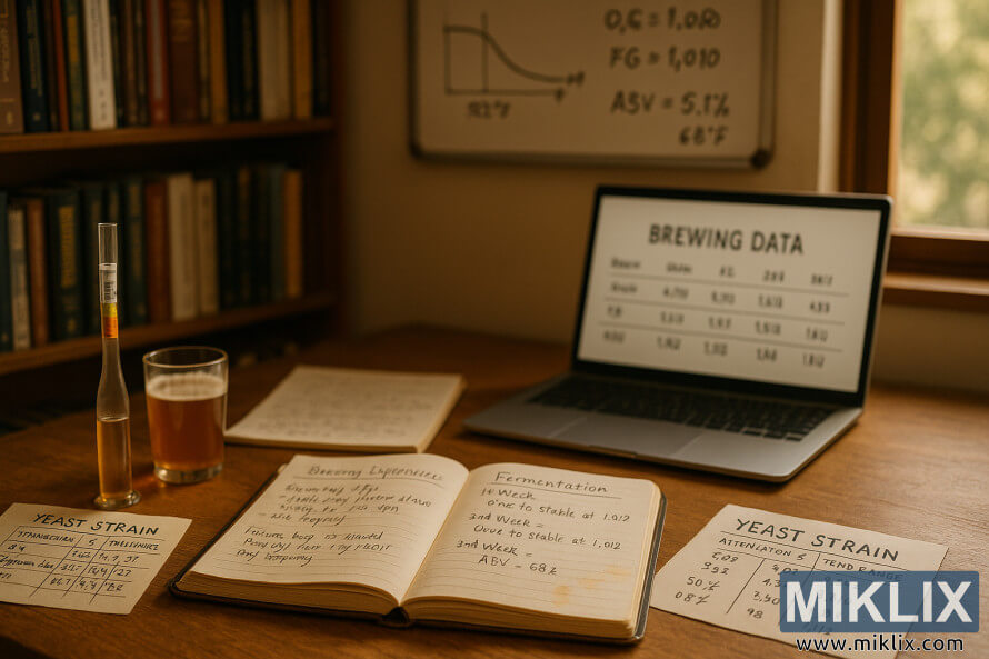 A warm, well-lit homebrewing workspace featuring notebooks, brewing tools, and a blurred laptop display.