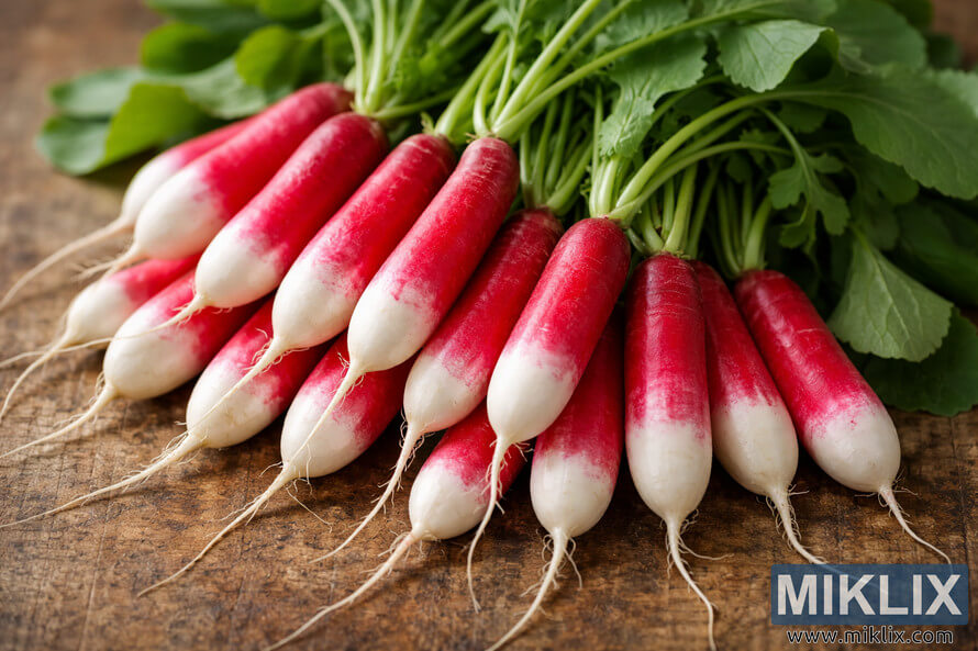 A bunch of elongated French Breakfast radishes with vibrant red tops fading into white tips, fresh green leaves attached, arranged on a rustic wooden surface.