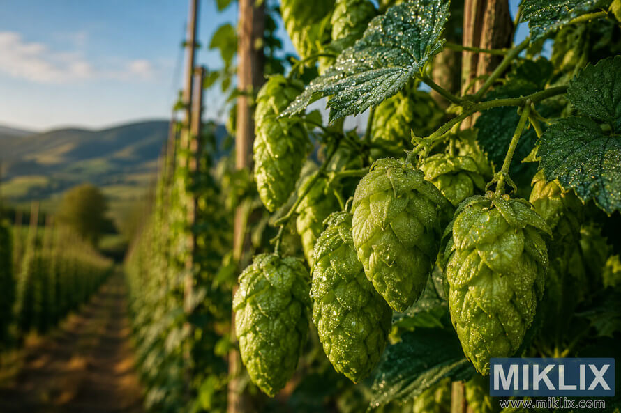 Close-up of fresh green hops with dew droplets on trellised vines in a golden-hour hop field with blurred hills and blue sky. Close-up of fresh green hops with dew droplets on trellised vines in a golden-hour hop field with blurred hills and blue sky.