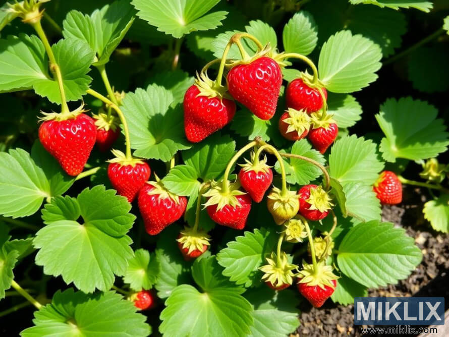 Ripe red strawberries on a lush green plant in sunlight.