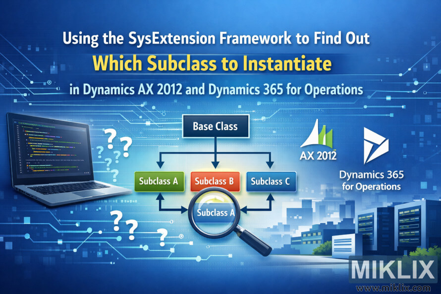 Illustration showing a base class branching to several subclasses, with a magnifying glass highlighting one choice for Dynamics AX and Dynamics 365.