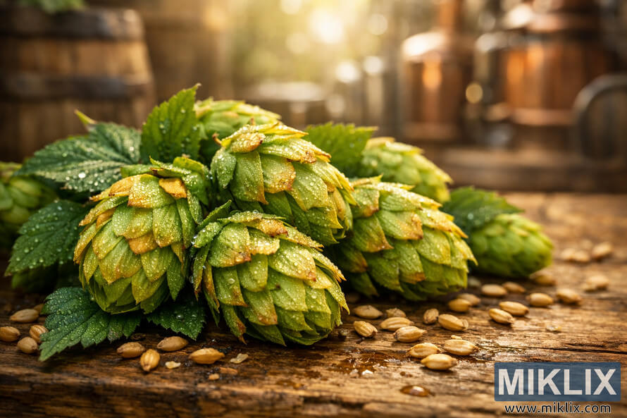 Close-up of dew-covered Ahtanum hop cones on a rustic wooden table with scattered barley grains and a softly blurred brewery background in warm golden light.