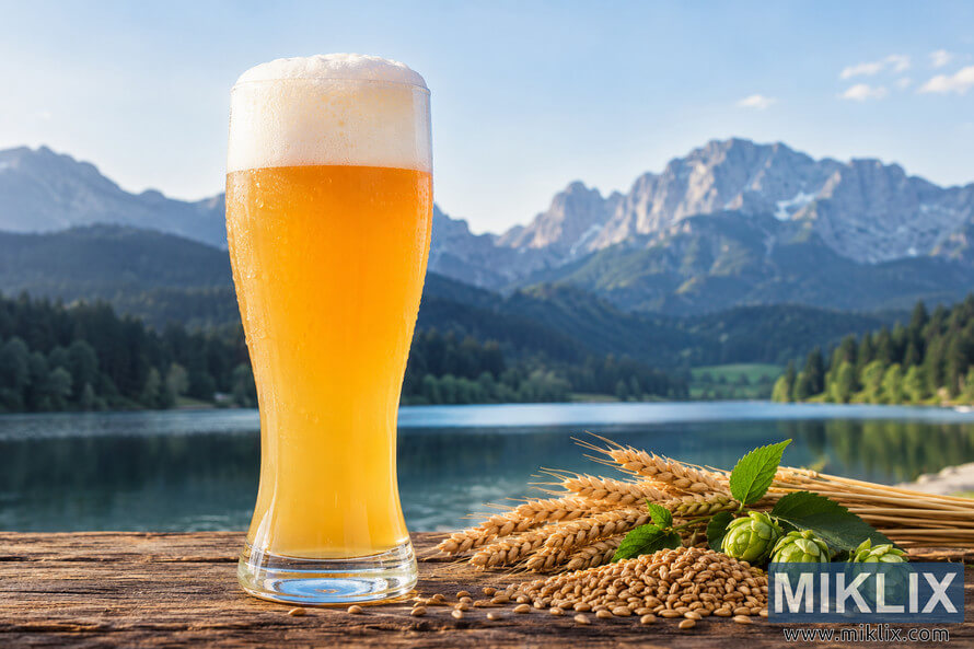 Tall unbranded glass of hazy golden hefeweizen with visible carbonation and a thick white foam head on rustic wood, beside wheat, grains and green hops, with an alpine lake and mountains in the background. Tall unbranded glass of hazy golden hefeweizen with visible carbonation and a thick white foam head on rustic wood, beside wheat, grains and green hops, with an alpine lake and mountains in the background.