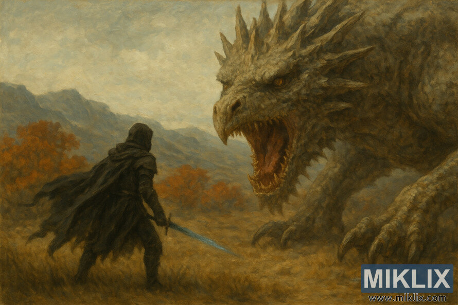 ÐÐ¸Ð²Ð¾Ð¿Ð¸ÑÐ½Ð°Ñ, Ð¿Ð¾Ð»ÑÑÐµÐ°Ð»Ð¸ÑÑÐ¸ÑÐ½Ð°Ñ ÑÑÐµÐ½Ð°, Ð½Ð°Ð¿Ð¸ÑÐ°Ð½Ð½Ð°Ñ Ð¼Ð°ÑÐ»Ð¾Ð¼, Ð½Ð° ÐºÐ¾ÑÐ¾ÑÐ¾Ð¹ Ð¸Ð·Ð¾Ð±ÑÐ°Ð¶ÐµÐ½ Ð²Ð¾Ð¸Ð½ Ð² Ð¿Ð»Ð°ÑÐµ, Ð¿ÑÐ¾ÑÐ¸Ð²Ð¾ÑÑÐ¾ÑÑÐ¸Ð¹ ÑÐµÐ²ÑÑÐµÐ¼Ñ Ð´ÑÐµÐ²Ð½ÐµÐ¼Ñ Ð´ÑÐ°ÐºÐ¾Ð½Ñ Ð½Ð° ÑÐ¾Ð½Ðµ ÑÑÑÐ¾Ð²Ð¾Ð³Ð¾ Ð¾ÑÐµÐ½Ð½ÐµÐ³Ð¾ Ð¿ÐµÐ¹Ð·Ð°Ð¶Ð°.