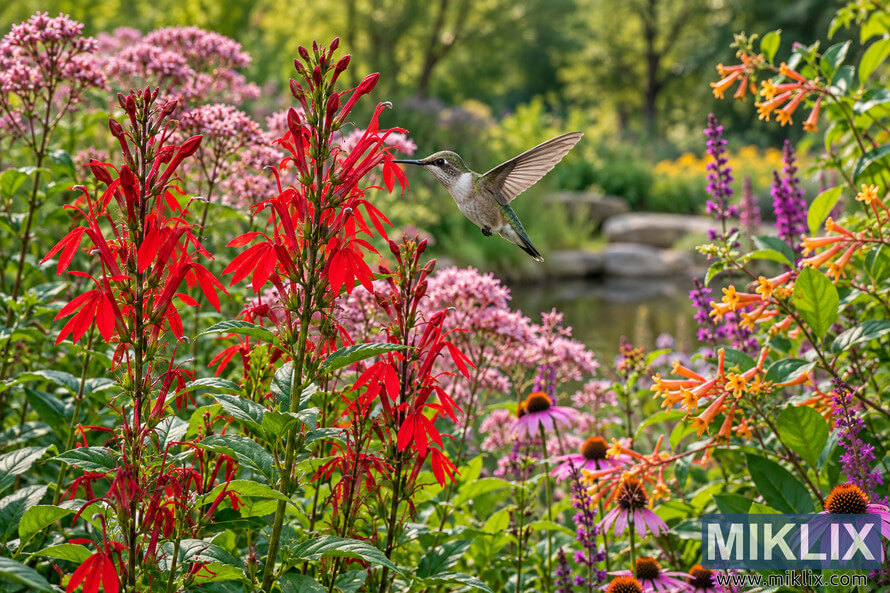 Hummingbird hovering beside vivid red cardinal flowers in a sunlit garden filled with pink coneflowers, purple spikes, orange blooms, and green foliage. Hummingbird hovering beside vivid red cardinal flowers in a sunlit garden filled with pink coneflowers, purple spikes, orange blooms, and green foliage.
