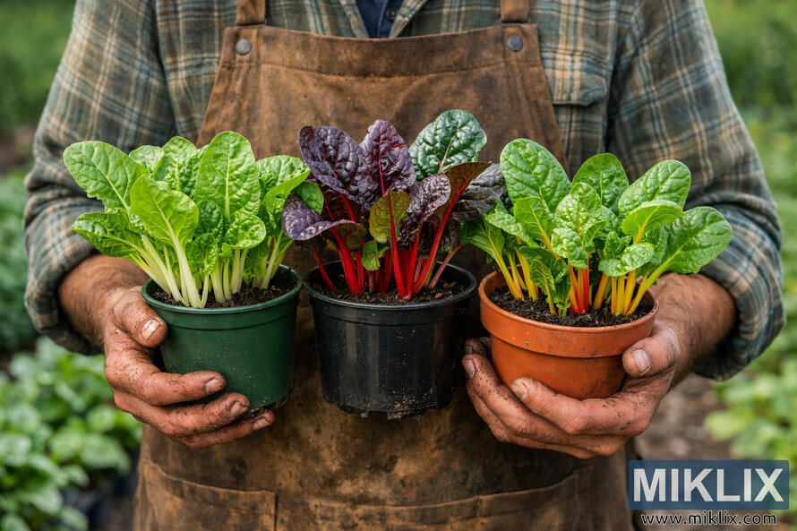 Gardener holding three pots with different varieties of Swiss chard seedlings with green, red, and yellow stems.