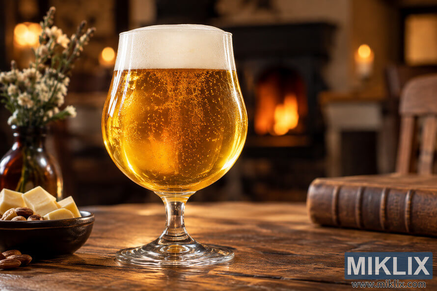 Golden ale with a creamy foam head in a clear tulip glass on a rustic wooden table, with cheese, nuts, flowers, a book, and a blurred fireplace. Golden ale with a creamy foam head in a clear tulip glass on a rustic wooden table, with cheese, nuts, flowers, a book, and a blurred fireplace.
