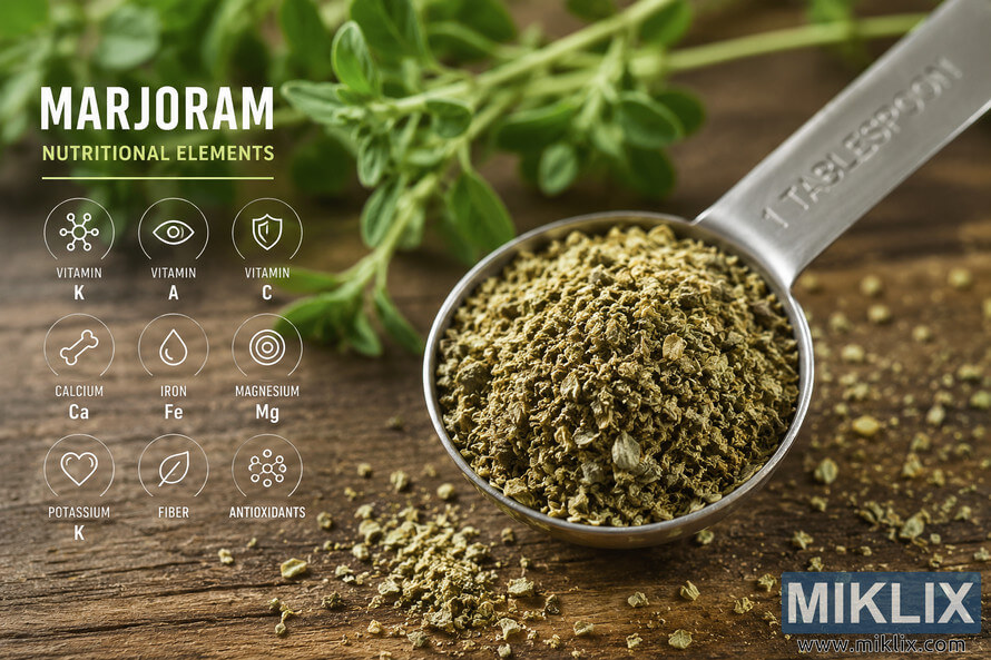 High-resolution landscape infographic featuring dried marjoram herbs in a metal measuring spoon on a rustic wooden surface with nutritional element icons and text highlighting vitamins, minerals, antioxidants, fiber, calcium, iron, magnesium, potassium, and vitamins A, C, and K. High-resolution landscape infographic featuring dried marjoram herbs in a metal measuring spoon on a rustic wooden surface with nutritional element icons and text highlighting vitamins, minerals, antioxidants, fiber, calcium, iron, magnesium, potassium, and vitamins A, C, and K.