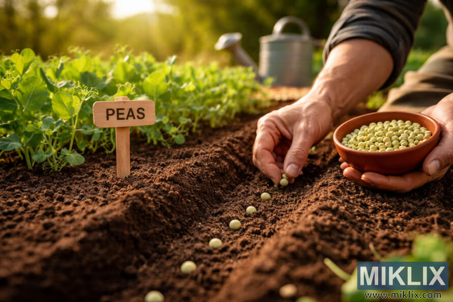 Hands planting pea seeds in rich soil beside young pea plants in a warm, sunlit garden. Hands planting pea seeds in rich soil beside young pea plants in a warm, sunlit garden.