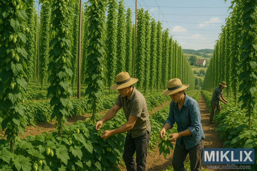 Radnici beru hmelj Tettnanger na sunÄanom polju s vinogradima i valovitim brežuljcima. Radnici beru hmelj Tettnanger na sunÄanom polju s vinogradima i valovitim brežuljcima.