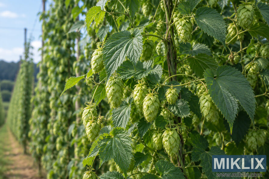 Close-up landscape photograph of green hop bines with serrated leaves, twining stems, and pale green hop cones growing along a trellis, with blurred rows of plants in the background. Close-up landscape photograph of green hop bines with serrated leaves, twining stems, and pale green hop cones growing along a trellis, with blurred rows of plants in the background.