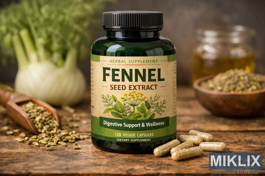 A dark green bottle labeled 'Fennel Seed Extract' sits on a wooden surface surrounded by fennel seeds, capsules, and a fresh fennel bulb in warm natural light. A dark green bottle labeled 'Fennel Seed Extract' sits on a wooden surface surrounded by fennel seeds, capsules, and a fresh fennel bulb in warm natural light.