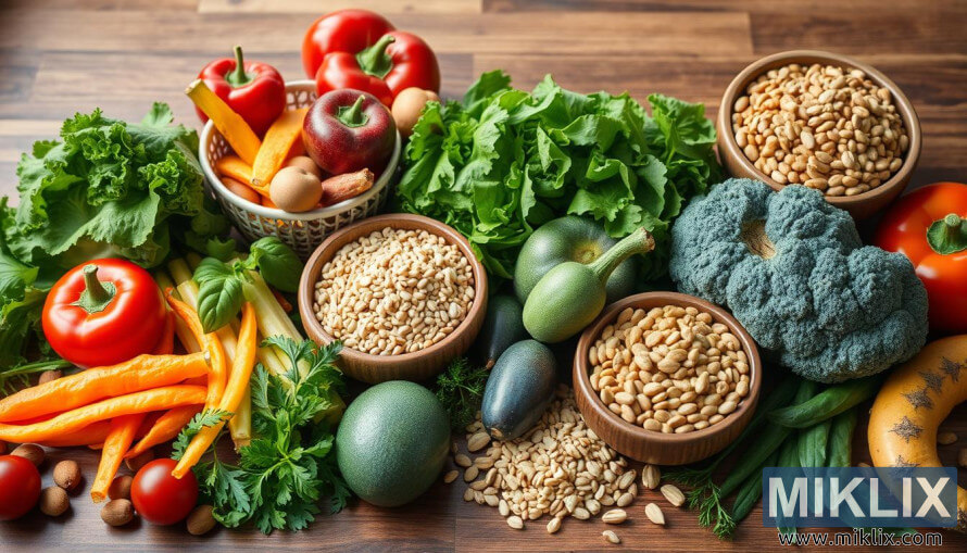 Valikoima tuoreita vihanneksia, hedelmiÃ¤, jyviÃ¤ ja yrttejÃ¤ aseteltuna maalaismaiselle puupinnalle.