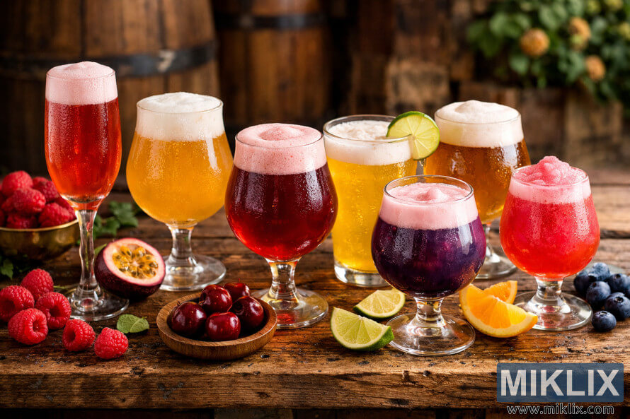 Assortiment de bières acidulées servies dans des verres de différentes couleurs, accompagnées de fruits frais, sur une table rustique en bois, dans un cadre de brasserie. Assortiment de bières acidulées servies dans des verres de différentes couleurs, accompagnées de fruits frais, sur une table rustique en bois, dans un cadre de brasserie.