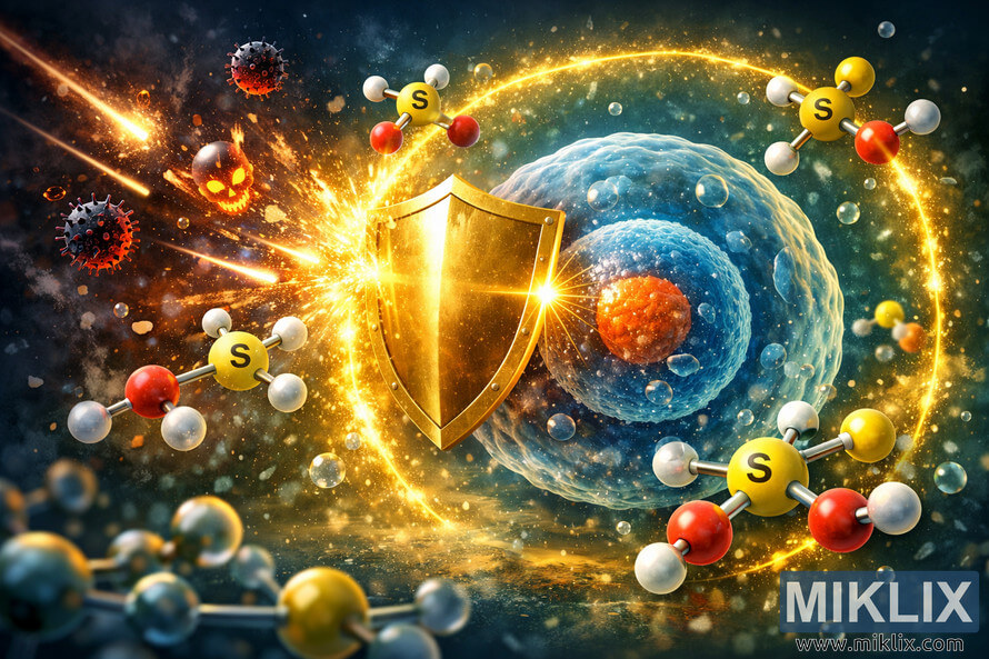 Scientific illustration of a cell protected by sulfur compound molecules and a glowing golden shield, deflecting harmful virus-like particles and reactive molecules in a cosmic blue and green background. Scientific illustration of a cell protected by sulfur compound molecules and a glowing golden shield, deflecting harmful virus-like particles and reactive molecules in a cosmic blue and green background.