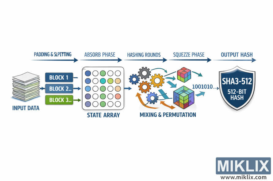 Imagen: Visualización de alto nivel del proceso hash SHA3-512 - Miklix