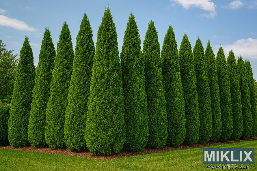 Une grande rangÃ©e dâarbres Arborvitae GÃ©ants verts formant un Ã©cran dense de confidentialitÃ© vert Ã  cÃ´tÃ© dâune pelouse soignÃ©e sous un ciel bleu