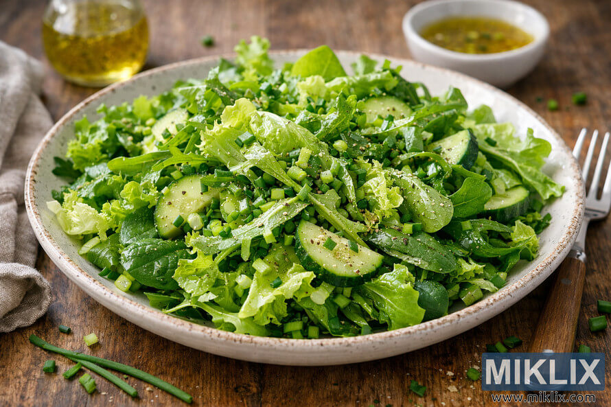A close-up photograph of a fresh green salad with chives and vinaigrette served in a rustic ceramic bowl on a wooden table. A close-up photograph of a fresh green salad with chives and vinaigrette served in a rustic ceramic bowl on a wooden table.