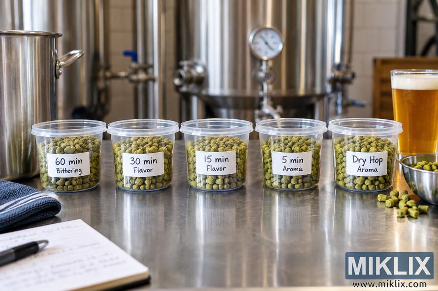 Five transparent containers filled with green hop pellets are neatly arranged on a stainless-steel brewery worktable and labeled 60 min Bittering, 30 min Flavor, 15 min Flavor, 5 min Aroma, and Dry Hop Aroma, with brewing vessels, notes, tools, and a glass of golden beer in the background. Five transparent containers filled with green hop pellets are neatly arranged on a stainless-steel brewery worktable and labeled 60 min Bittering, 30 min Flavor, 15 min Flavor, 5 min Aroma, and Dry Hop Aroma, with brewing vessels, notes, tools, and a glass of golden beer in the background.