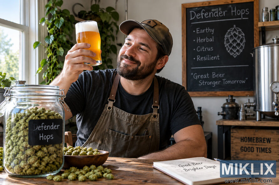 Homebrewer in a warm, sunlit brewing workshop smiling as he holds up a glass of golden beer made with Defender hops, with hop cones, brewing equipment, plants, and handwritten brewing notes surrounding him. Homebrewer in a warm, sunlit brewing workshop smiling as he holds up a glass of golden beer made with Defender hops, with hop cones, brewing equipment, plants, and handwritten brewing notes surrounding him.
