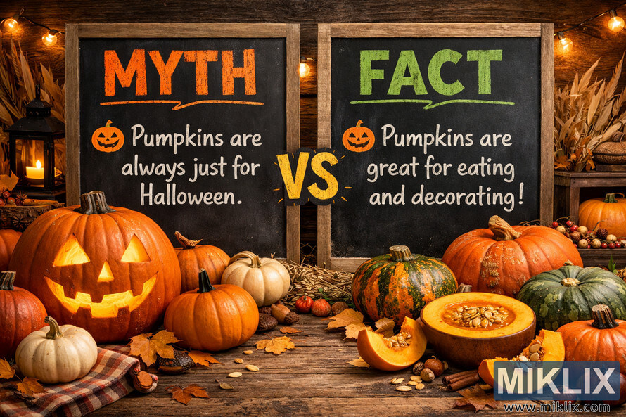 Autumn-themed display showing two chalkboards labeled MYTH and FACT about pumpkins, surrounded by carved and sliced pumpkins, a bowl of pumpkin soup, gourds, dried leaves, cornstalks, fairy lights, and rustic decorations on a wooden surface.