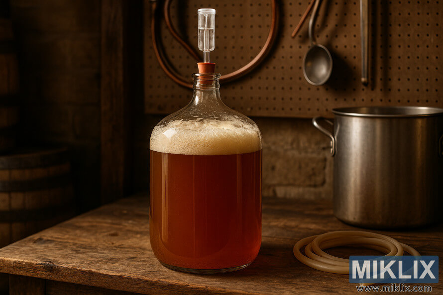 KaimiÅ¡ko stiliaus naminio alaus darymo scena su stikliniu gintaro spalvos lagerio buteliu, fermentuojamu ant medinio darbastalio.