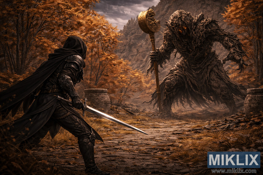 Tumeda fantaasia Elden Ringi fÃ¤nnikunst, mis kujutab Tarnishedit tagantpoolt mÃµÃµgaga sÃ¼giseses varemetes kÃµrguva Erdtree avatari vastas.