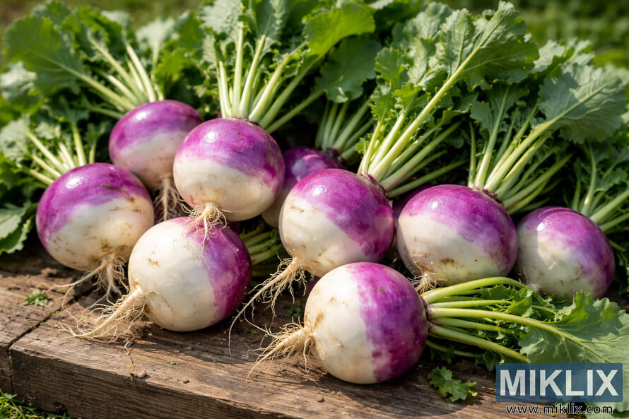 Freshly harvested purple top white globe turnips with green leaves resting on a rustic wooden surface outdoors.