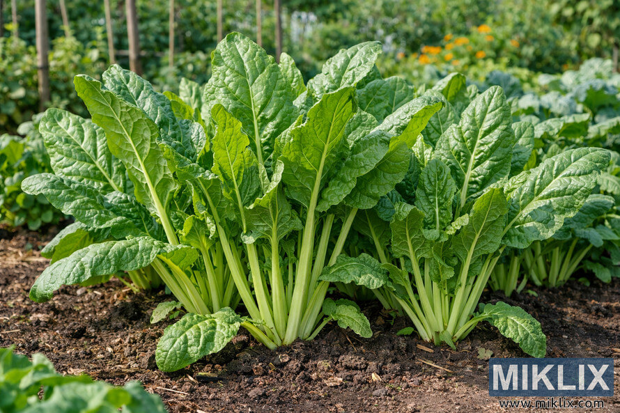 Perpetual spinach chard plants with large green leaves and pale stems growing in rich soil in a vegetable garden.