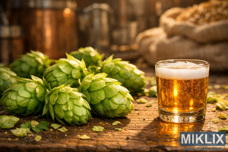 Close-up of freshly harvested green Pilgrim hops on a wooden surface beside a glass of golden beer, with soft sunlight and a blurred rustic brewery background. Close-up of freshly harvested green Pilgrim hops on a wooden surface beside a glass of golden beer, with soft sunlight and a blurred rustic brewery background.