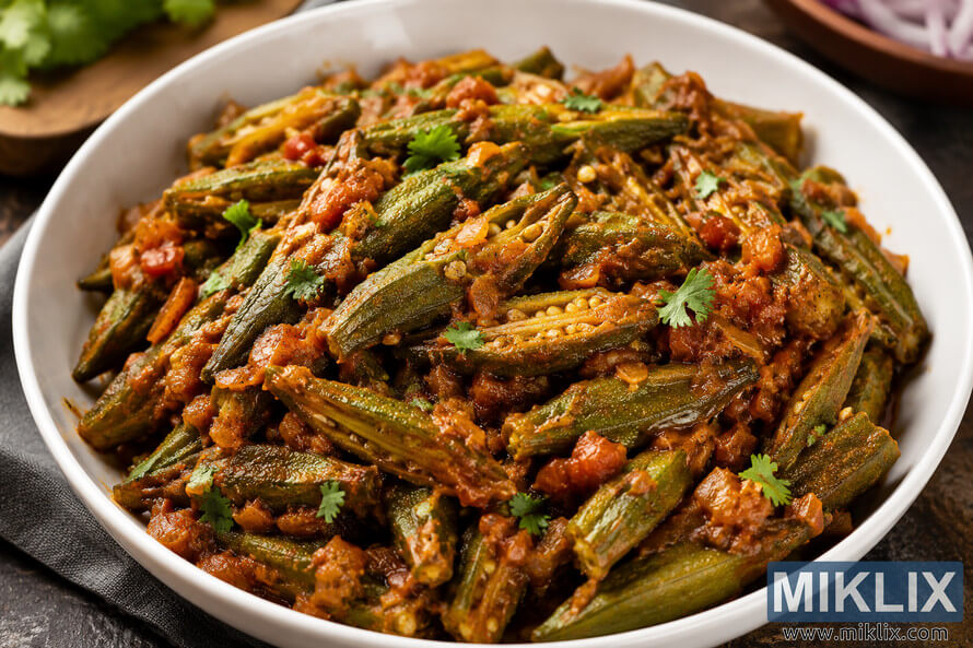 A close-up view of Indian bhindi masala curry served in a white bowl, featuring tender green okra coated in a rich tomato and onion masala, garnished with fresh cilantro on a rustic wooden surface. A close-up view of Indian bhindi masala curry served in a white bowl, featuring tender green okra coated in a rich tomato and onion masala, garnished with fresh cilantro on a rustic wooden surface.