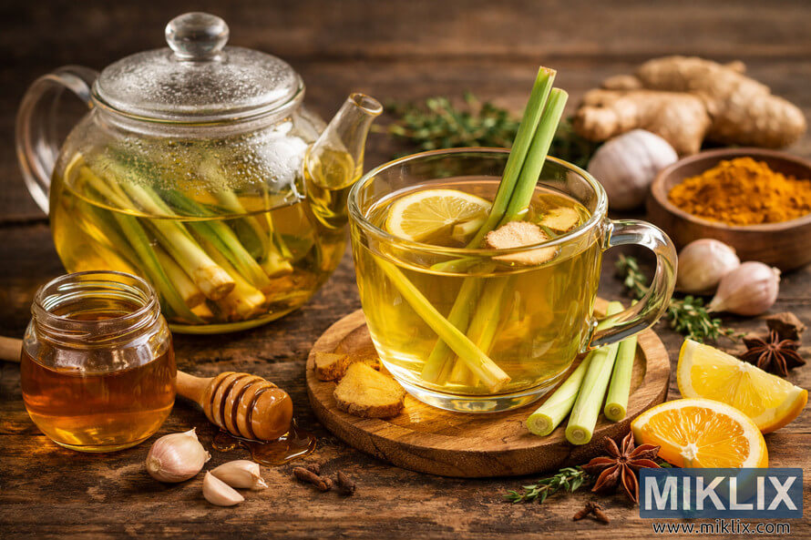 A warm, rustic still-life scene featuring a glass teapot and a glass cup filled with golden lemongrass tea on a wooden surface, surrounded by immune-boosting ingredients including lemon slices, orange, ginger, honey in a small jar with a honey dipper, turmeric powder in white and wooden bowls, garlic cloves, star anise, cloves, and sprigs of fresh thyme, all lit by soft, golden light from the upper left. A warm, rustic still-life scene featuring a glass teapot and a glass cup filled with golden lemongrass tea on a wooden surface, surrounded by immune-boosting ingredients including lemon slices, orange, ginger, honey in a small jar with a honey dipper, turmeric powder in white and wooden bowls, garlic cloves, star anise, cloves, and sprigs of fresh thyme, all lit by soft, golden light from the upper left.