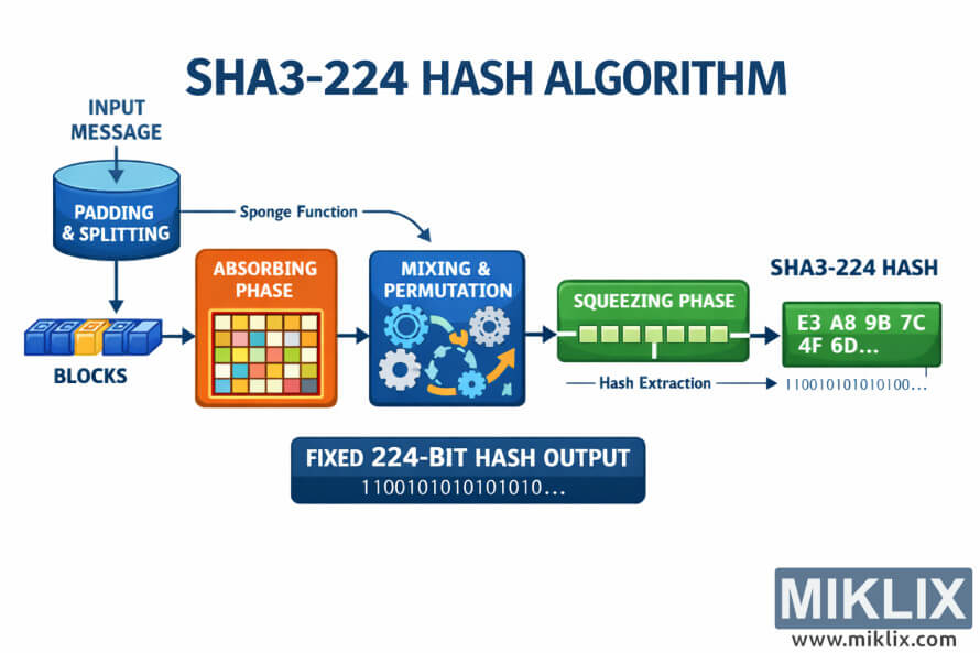 Infographic showing the high-level flow of the SHA3-224 hash algorithm from input message through absorbing, mixing, and squeezing to a fixed-length hash output.