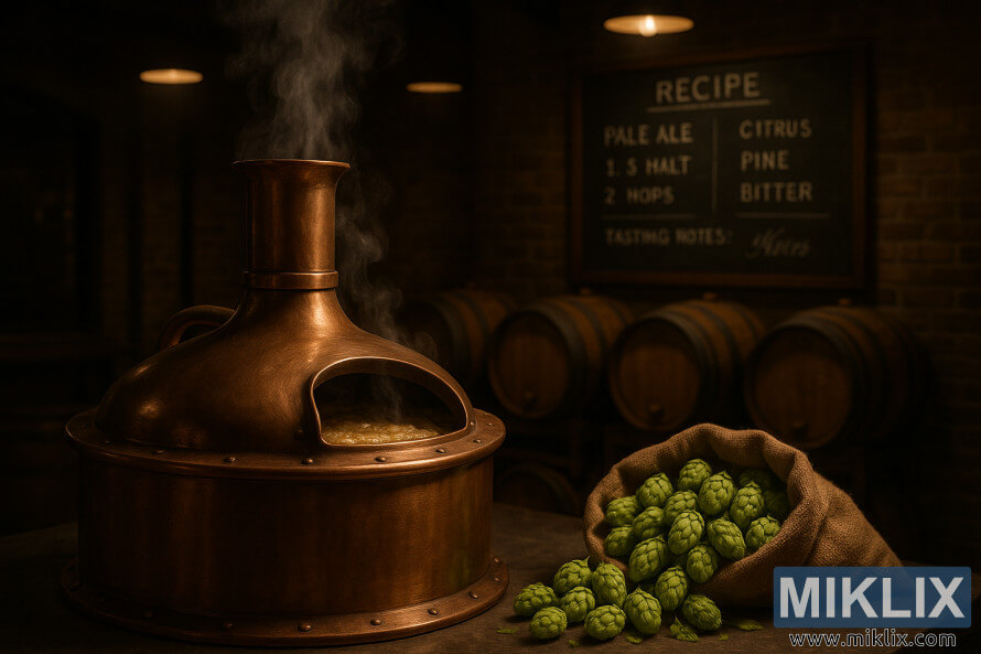 Ketel brew tambaga steaming kalawan Zenith hops spilling tina karung.