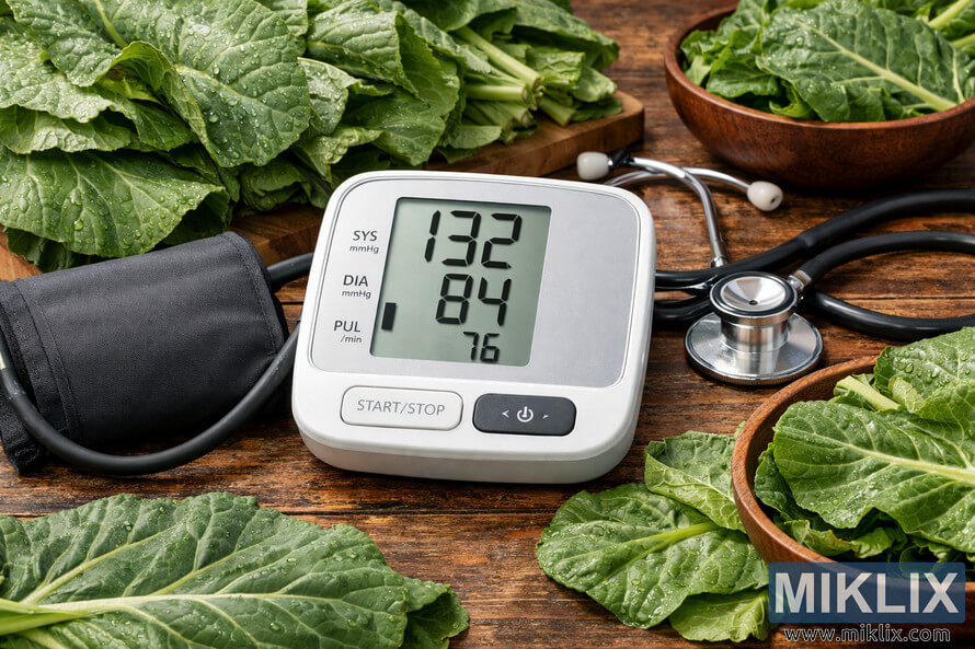 A digital blood pressure monitor on a rustic wooden table surrounded by fresh collard greens and a stethoscope.