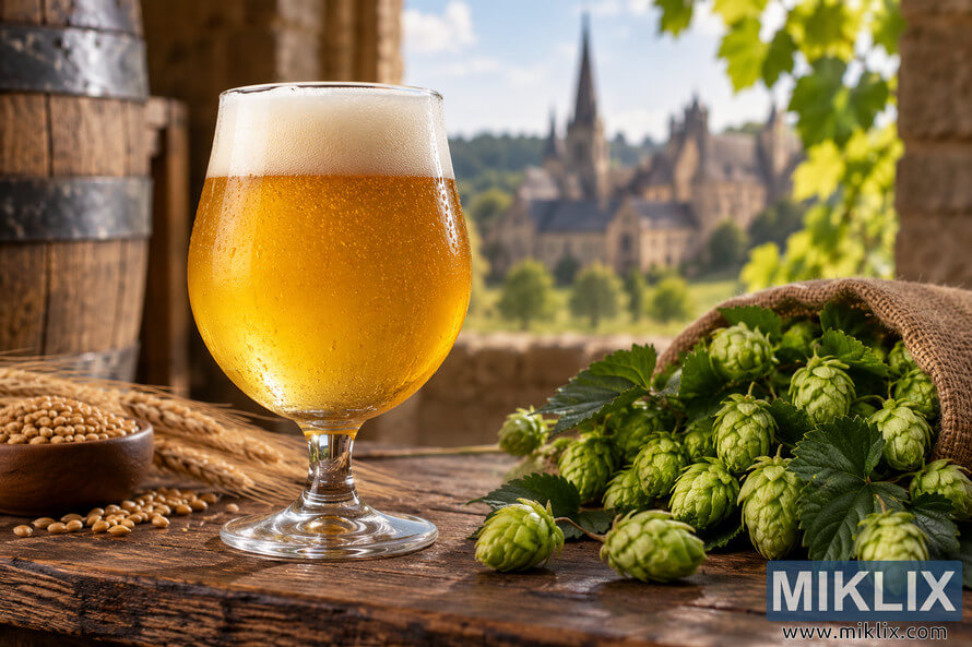 Golden Belgian blonde ale in a tulip glass with creamy foam, fresh green hop cones, malted grains, wheat, and a rustic countryside brewing backdrop Golden Belgian blonde ale in a tulip glass with creamy foam, fresh green hop cones, malted grains, wheat, and a rustic countryside brewing backdrop