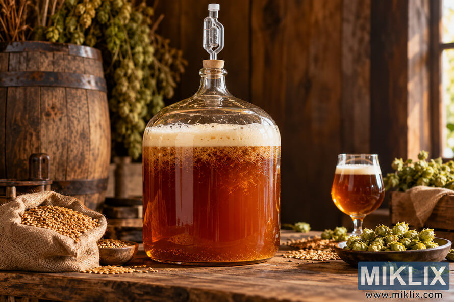Glass carboy filled with foaming amber ale on a rustic wooden table, surrounded by grain, green hop cones, a wooden barrel, and a glass of beer. Glass carboy filled with foaming amber ale on a rustic wooden table, surrounded by grain, green hop cones, a wooden barrel, and a glass of beer.