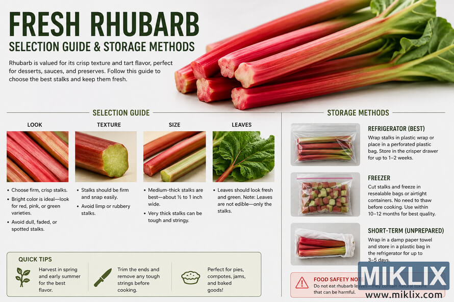 Landscape infographic showing fresh rhubarb stalks with a detailed selection guide and storage methods. The design includes close-up photos of red and green rhubarb stalks, texture examples, leaf appearance, refrigeration and freezer storage techniques, quick preparation tips, and a food safety warning about rhubarb leaves. Landscape infographic showing fresh rhubarb stalks with a detailed selection guide and storage methods. The design includes close-up photos of red and green rhubarb stalks, texture examples, leaf appearance, refrigeration and freezer storage techniques, quick preparation tips, and a food safety warning about rhubarb leaves.
