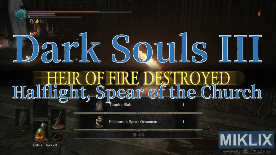 Dark Souls III screenshot showing victory over Halflight, Spear of the Church, with rewards earned. Dark Souls III screenshot showing victory over Halflight, Spear of the Church, with rewards earned.
