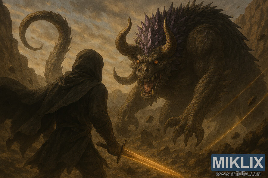 Halbrealistische Fantasy-Kunst der Befleckten im Kampf gegen die ausgewachsene Fallingstar-Bestie in Elden Ring