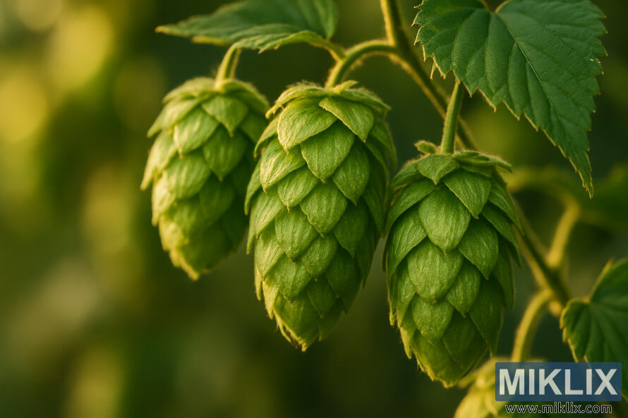 Detalhe em close-up de cones de lÃºpulo verde fresco crescendo em uma trepadeira com luz dourada suave e fundo desfocado.
