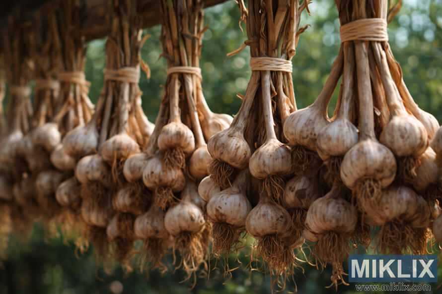 Des bulbes dâail fraÃ®chement rÃ©coltÃ©s suspendus en paquets pour les sÃ©cher dans un espace extÃ©rieur bien ventilÃ©.