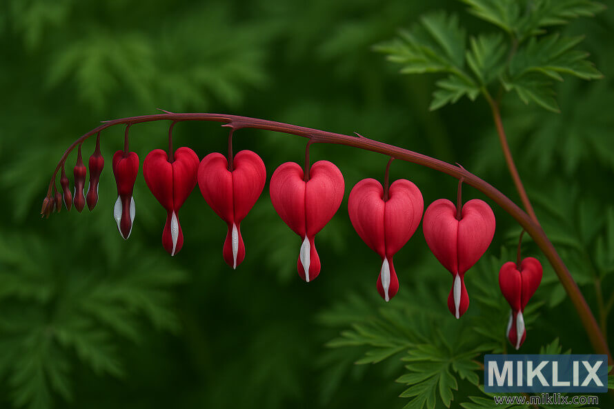Valentine Bleeding Heart avec des fleurs rouge foncÃ© en forme de cÅur suspendues Ã  une tige sombre et arquÃ©e au milieu dâun feuillage vert fougÃ¨re au milieu dâun feuillage vert fougÃ¨re.
