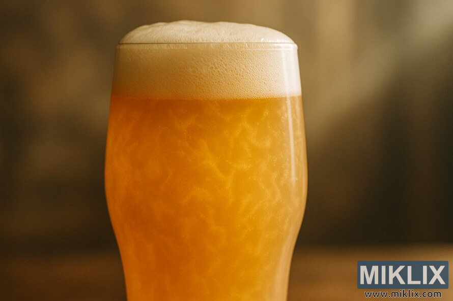 Pamje nga afër e një birre të artë të mjegullt të pafiltruar me shkumë kremoze në një gotë pinte të ndriçuar butësisht. Pamje nga afër e një birre të artë të mjegullt të pafiltruar me shkumë kremoze në një gotë pinte të ndriçuar butësisht.