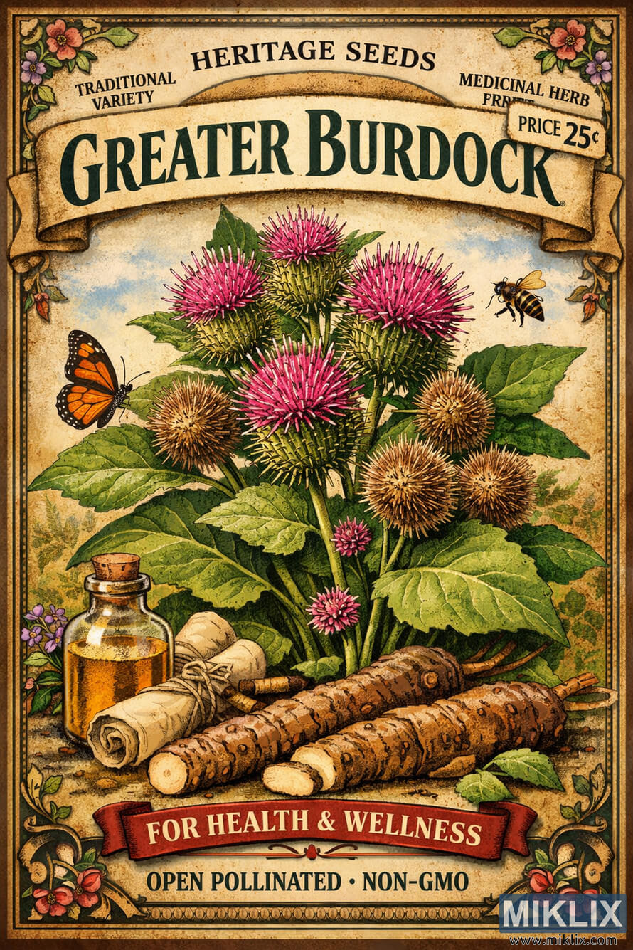 Vintage style seed packet illustration of Greater Burdock showing purple thistle flowers, burr seed heads, large green leaves, and burdock roots with an antique medicinal bottle.