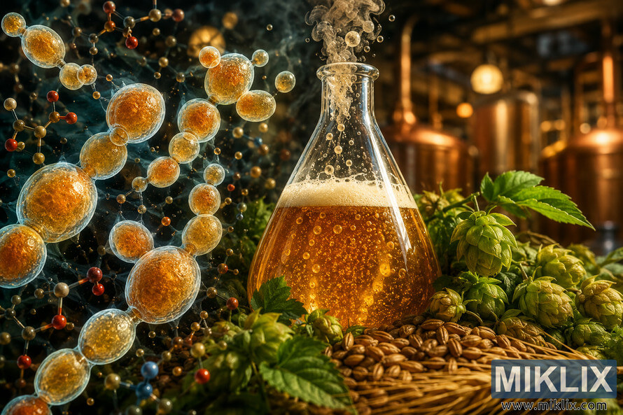 A highly detailed macro-style scientific illustration showing glowing yeast cells actively budding beside a flask of fermenting amber beer filled with rising bubbles. A highly detailed macro-style scientific illustration showing glowing yeast cells actively budding beside a flask of fermenting amber beer filled with rising bubbles.