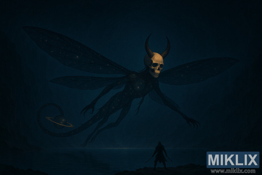 Un guerrier solitaire fait face Ã  une immense crÃ©ature cÃ©leste volante avec un crÃ¢ne humain cornu et une queue planÃ©taire annelÃ©e Ã  lâintÃ©rieur dâune immense caverne souterraine.