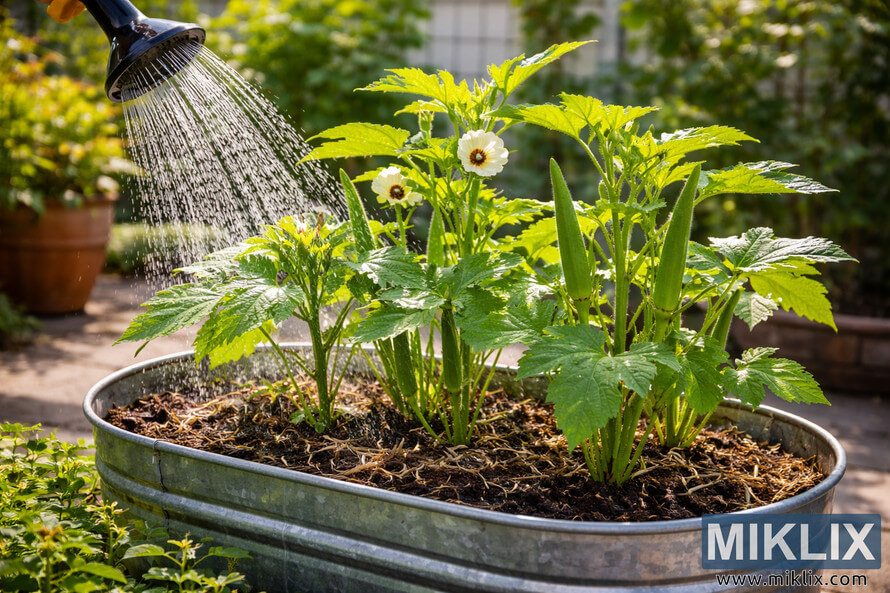 Okra plants with green pods and pale yellow flowers being watered in a galvanized metal container on a sunny patio.