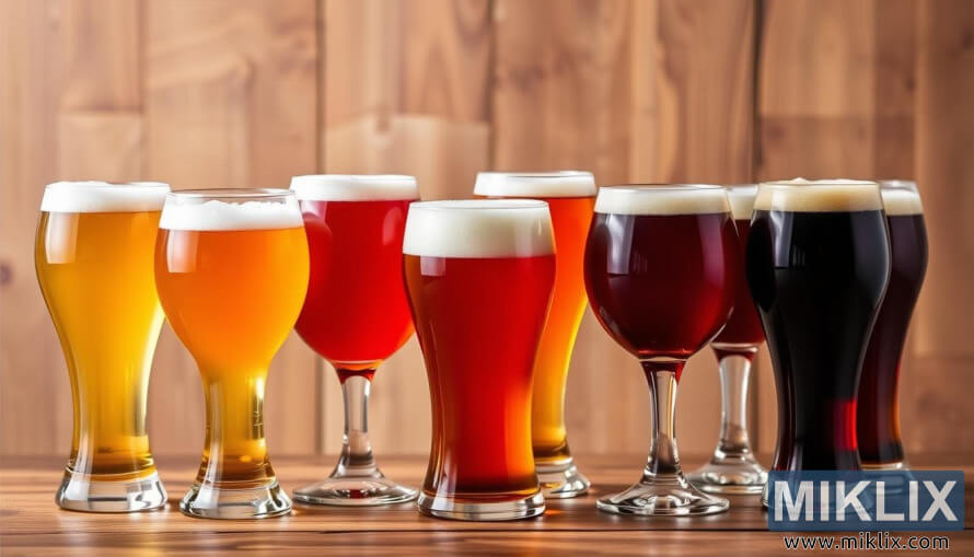 VariÃ©tÃ© de verres Ã  biÃ¨re aux teintes dorÃ©es, ambrÃ©es et rubis sur une table en bois.