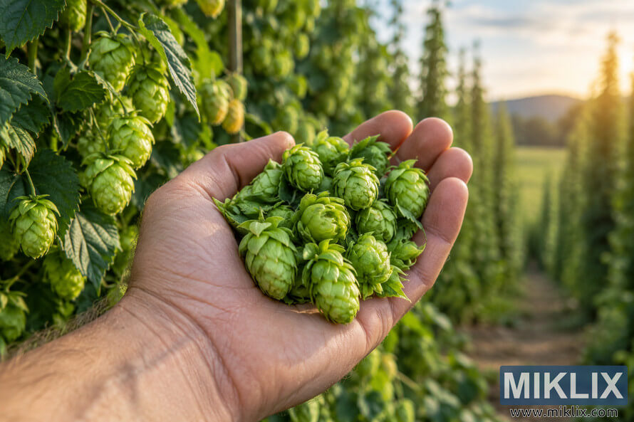 A brewerâs hand holding freshly harvested green hop cones in a sunlit hop field A brewerâs hand holding freshly harvested green hop cones in a sunlit hop field